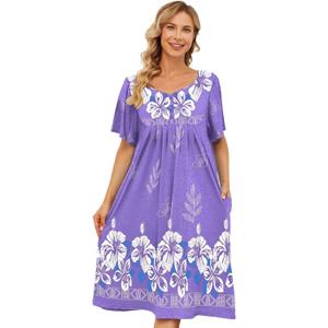 House Dresses for Women with Pockets Moo Moo Nightgown Short Sleeve Mumu Dress Lounge Dress S-5XL (Medium, Purple)