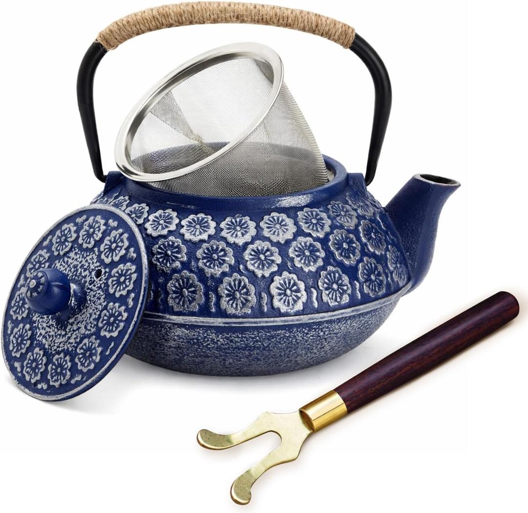 Juvale Japanese Cast Iron Teapot with Infuser & Stovetop Tea Kettle - 34 oz, Blue - Heat Retention, Removable Lid & Fold-Down Handle