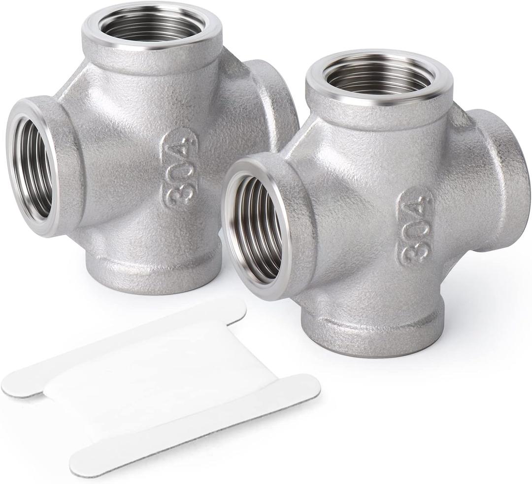 TAISHER 2PCS Stainless Steel 4 Way Pipe Fittings, 3/4" x 3/4" x 3/4" x 3/4" NPT Female Pipe Fittings