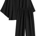ZAFUL Womens 2 Piece Linen Outfits Loungewear Open Front Long Sleeve Shirt And Wide Leg Pants Set (Classic Black, Large)