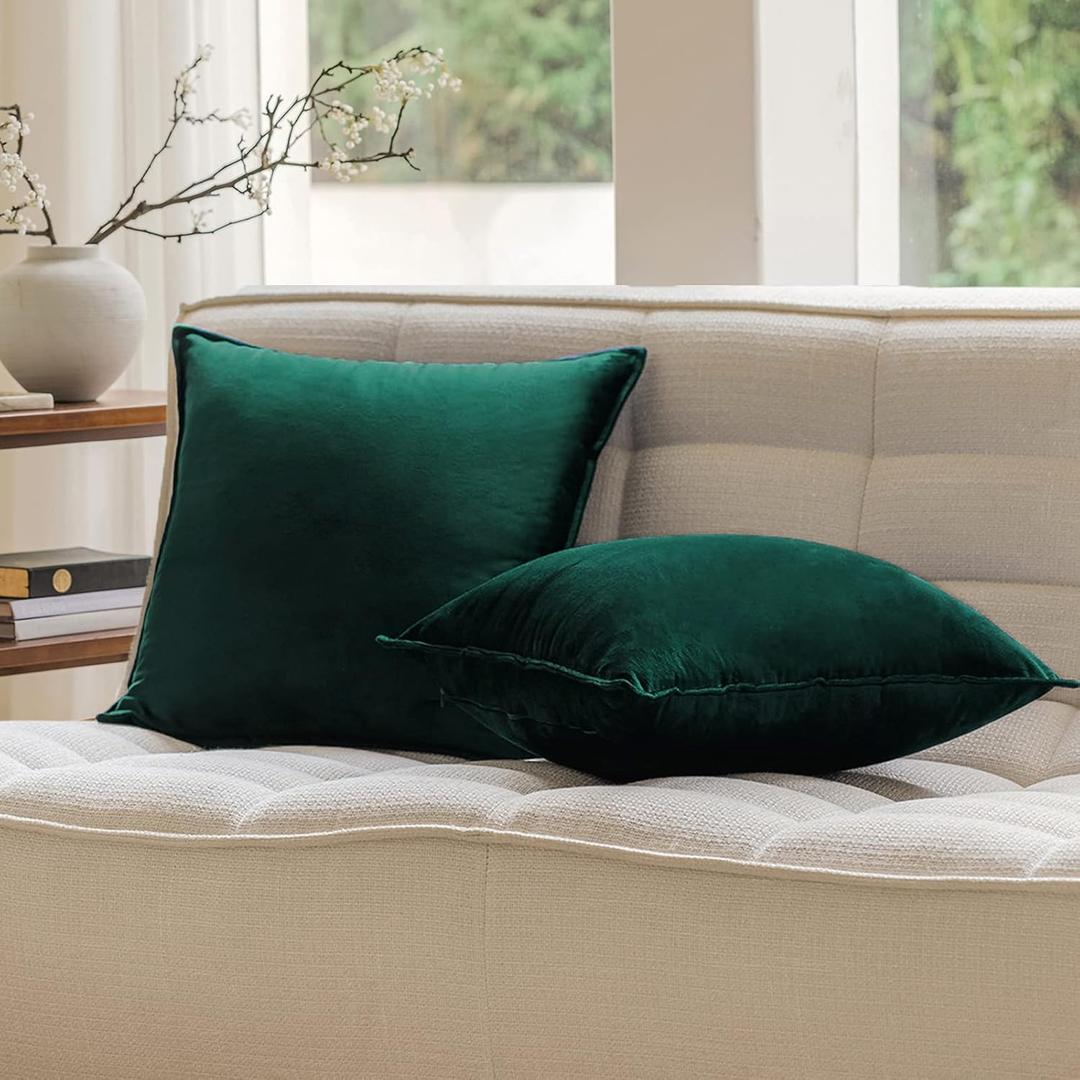 JIAHANNHA Velvet Emerald Green Throw Pillow Covers 18x18 Inches Pack of 2 Soft Decorative Square Cushion Covers for Couch Sofa Bed Livingroom Car,45x45Cm,Deep Dark Green