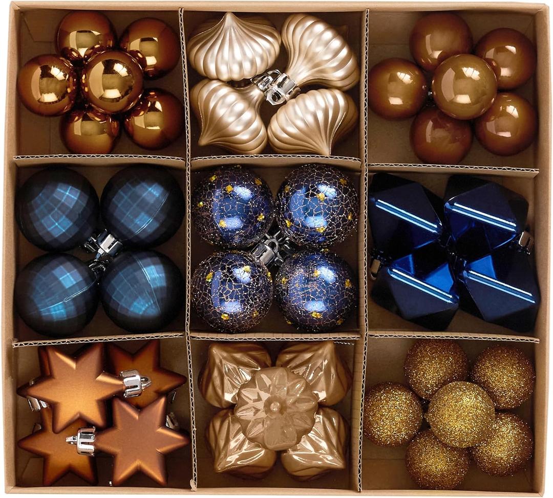 DecorbyHannah Mini Christmas Ornaments, 45ct Small Blue Copper Gold Christmas Tree Decorations, Assorted Tiny Celestial Shatterproof Plastic Decorative Hanging Ball Bulk Set for Xmas Home Table Decor
