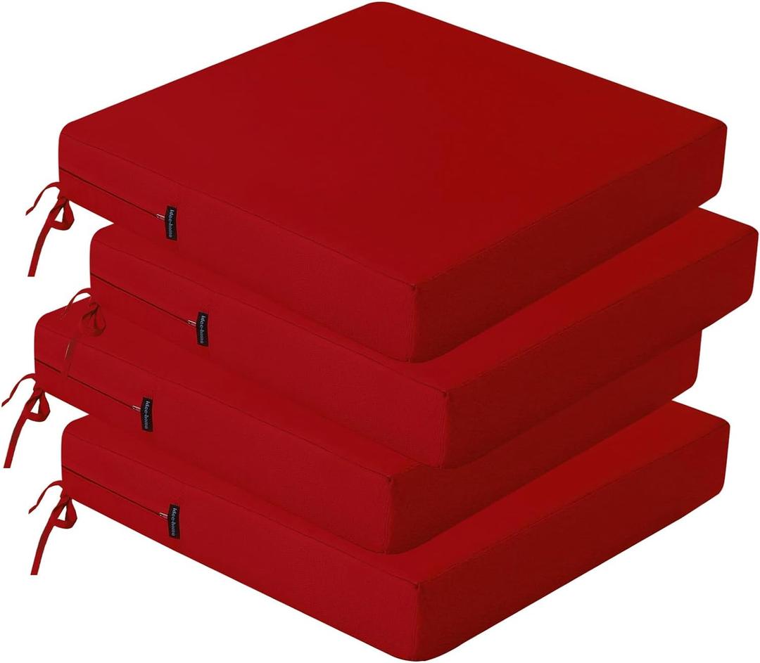 idee-home Outdoor Chair Cushions Set of 4, Waterproof Outdoor Seat Cushions for Patio Furniture, Outside Replacement Chair Pad with Ties for Lawn Deck Porch, 19 x 19 Red