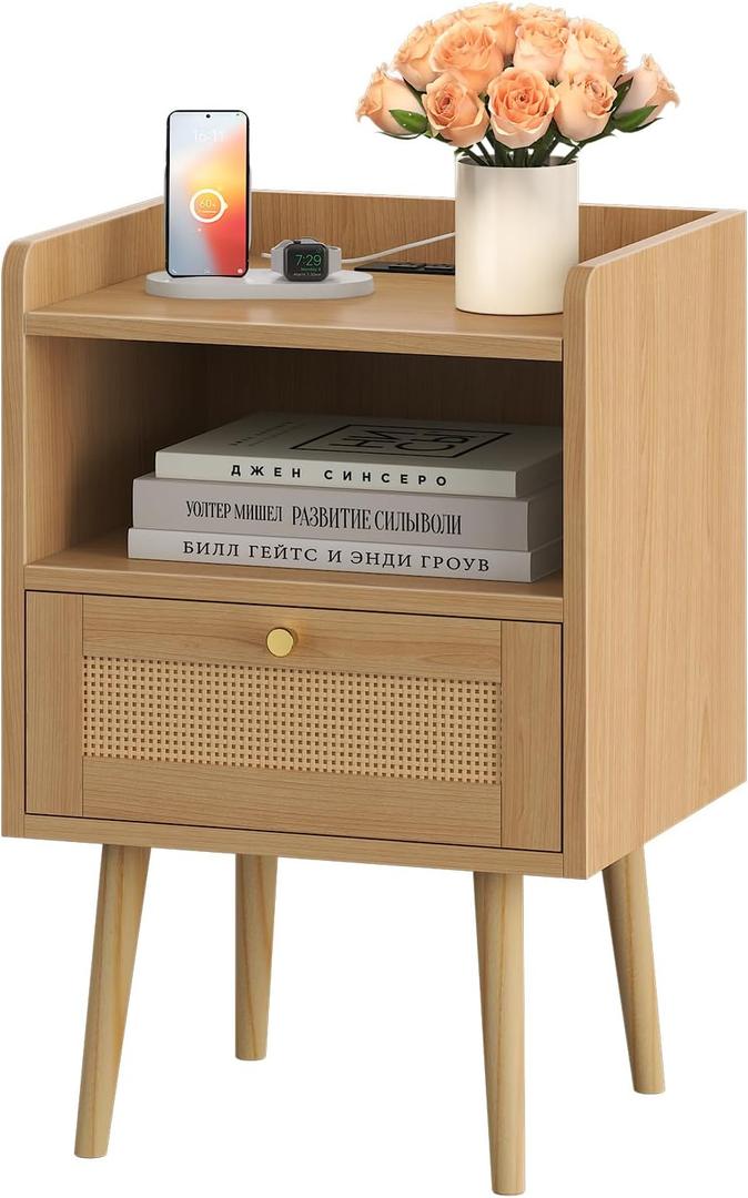 Night Stand with Charging Station, Rattan End Tables, Bed Side Tables, Wood Nightstands for Small Space Farmhouse Kids' Room Bedroom Living Room Dorm Natural (11.8"D x 15.9"W x 23.4"H (1 Drawers))