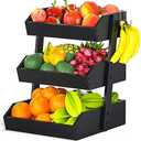 Gmtsl Bamboo Fruit Basket for Kitchen – 3 Tier Fruit Bowl For Kitchen Counter, Large Fruit Holder With 2 Banana Hangers, Idea For Fruit and Vegetable Storage, Bread Basket, Snack Organizer(BLACK)