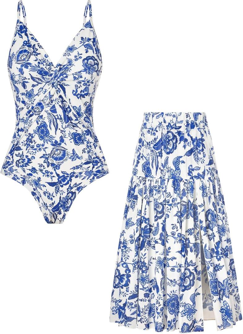 GRACE KARIN Women's One Piece Swimsuits with Cover Up Skirt Tummy Control V Neck Bathing Suits (Large, Blue White Floral)