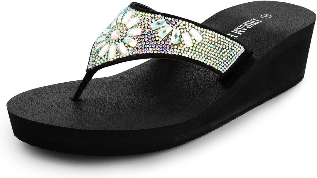 DREAM PAIRS Women's Rhinestone Platform Wedge Flip Flops Summer Beach Comfortable Thong Sandals,Size 8,Multi Flower,SDFF2401W