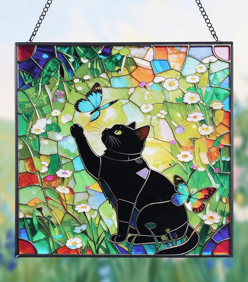 Cat Stained Glass Window Hanging, 7.9" Square Suncatcher with Chain Suction Cup, Cute Kitten Sun Catchers Indoor Window, Colorful Cat Decor for Wall, Porch, Birthday, Sleek Black Cat