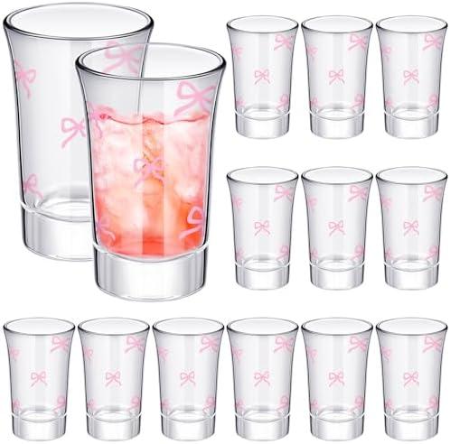 Roshtia 10 Pack Coquette Pink Bow Shot Glass Gift 1.6 oz Clear Round Glass Shot Cups Small Stemless Cocktail Wineglass Pink Bow Birthday Party Favors for Drinking Gift Party Decor