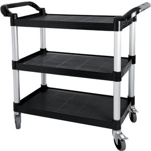 Plastic Utility Cart with Wheels, 3 Tier Rolling Cart with Lockable Wheels, Heavy Duty 510lbs Capacity Food Service Cart for Office, Restaurant, Kitchen, Home, Warehouse