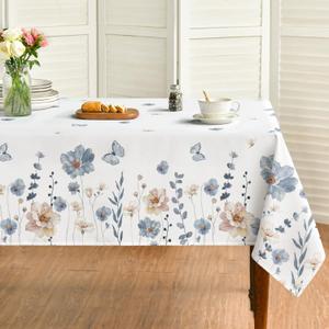 Horaldaily Spring Tablecloth 52×70 Inch Rectangular, Watercolor Flowers Washable Seasonal Table Cover for Party Picnic Dinner Decor (White)