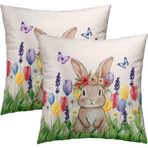 Easter Bunny with Flower Wreath Throw Pillow Covers 18X18 Inches Set of 2 Spring Colorful Tulip Butterflies Pillowcase Soft Cotton Square Seasonal Cushion Covers for Living Room Sofa Bedroom Decor