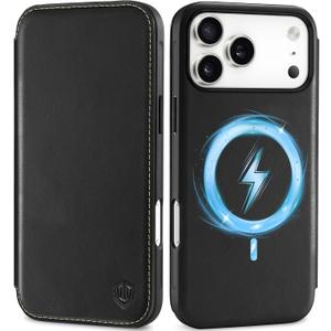 SHIELDON Slim Genuine Leather Wallet Case for iPhone 17 Pro Max 6.9" 2025 | Wireless Charging | Flip | RFID Blocking Credit Card Holder | Magnetic | Shock Absorbing Phone Cover | Retro Black
