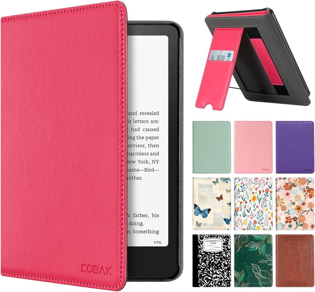 CoBak Stand Case for 7" Kindle Paperwhite 12th Gen 2024 and Kindle Colorsoft with Hand Strap - Compatible with iPhone MagSafe, for Samsung/Belkin/Anker Wireless Charging Pads, Durable, Auto Sleep Wake (*Raspberry)