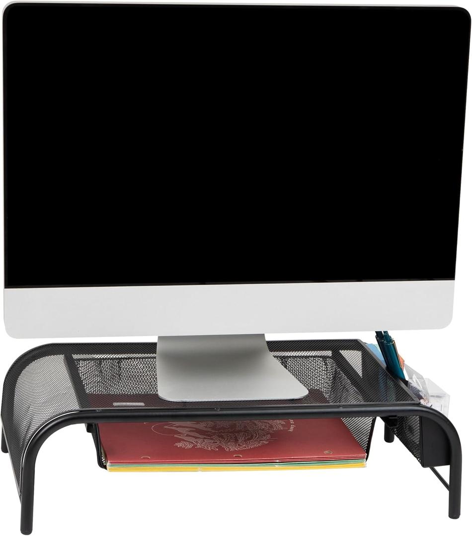 Mind Reader Monitor Stand, Ventilated Laptop Riser, Paper Tray, Storage, Office, Metal Mesh, 20"L x 11.5"W x 5.5"H, Black (Black)