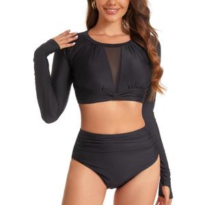 NESY Womems Swimsuits Long Sleeve Two Piece Rash Guard UV Protection Crop Top Bathing Suits, 1-sy567005,  Black, Small