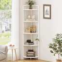 FATORRI Tall Corner Shelf, 5 Tier Modern Corner Bookshelf Stand, Wood and Metal Corner Plant Bookcase for Living Room, Home Office (White Oak), 14.17D x 14.17W x 65.94H in