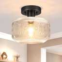 DSMJFU Semi Flush Mount Ceiling Light, Vintage Small Ceiling Light Fixture, Thickened Glass Hallway Lighting Fixture, Black Kitchen Ceiling Mount Light for Entry Way, Bedroom, Bathroom, Porch