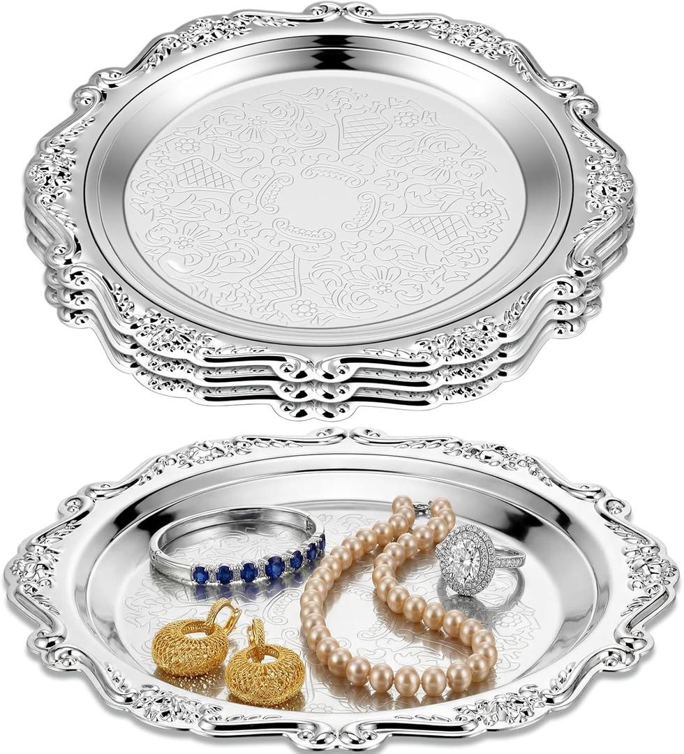 4 Pcs Silver Serving Platter Tray Jewelry Display Tray Decorative Dessert Plates Vintage Coffee Table Perfume Jewelry Organizer for Wedding Party Centerpiece