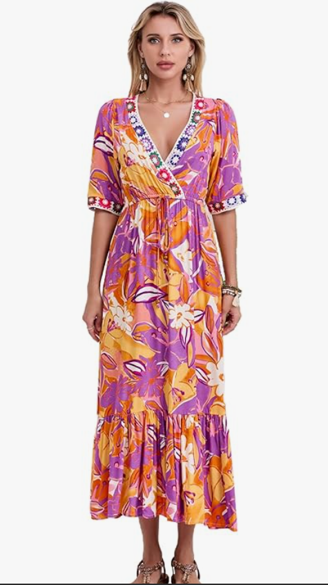 Women’s V Neck Short Sleeves High Waist Floral Print Casual Bohemian Midi Dresses, Size M