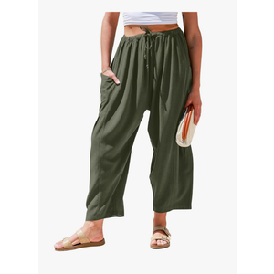 TARSE Womens Linen Wide Leg Pants Casual Loose Drawstring Summer Beach Travel Vacation Palazzo Harem Pants with Pockets, Size -XL