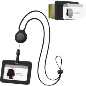BONE Lanyard Retractable Badge Holder, Horizontal ID Card Case with Card Slot & Anti-Slip Design, Large Storage Capacity, Adjustable Silicone Neck Strap with Retractable Cord (Black - Horizontal)