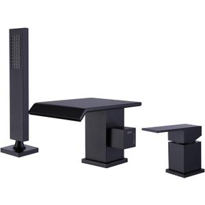 TapLong Modern Roman Tub Faucet with Hand Shower, Waterfall Deck Mount Bathtub Filler Faucet with Sprayer, Widespread 3-Holes Tub Shower Faucet Set in Matte Black, 02763B