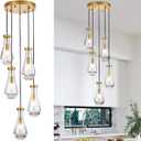 5-Light Raindrop Pendant Light Fixtures, Brass Glass Pendant Lighting, Teardrops Modern Hanging Light for Entryway Foyer Kitchen Island Dining Living Room Hallway