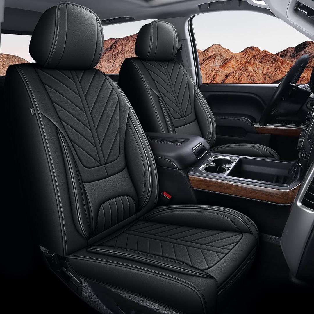 for Chevy Chevrolet Silverado Seat Covers 2007-2025 2026 & Gmc Sierra 1500 2500hd 3500hd Leather Seat Cushion with Lumbar Support(2PCS Front,Black)