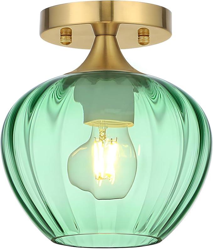 Green Glass Ceiling Light Fixture, 7" Modern Small Semi Flush Mount Ceiling Light with Glass Shade Brushed Gold Lighting Fixtures Ceiling Lamp for Hallway Entryway Foyer Sink Bathroom