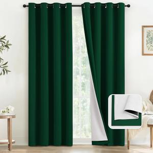 COSVIYA Dark Green 100% Blackout Curtains for Bedroom with White Back, 2 Thick Layers Full Room Darkening Thermal Insulated Grommet Window Drapes, 52x84 Inch, 2 Panels, Dark Green With Lining