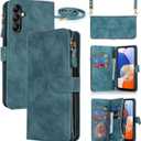 iCoverCase for Samsung Galaxy A14 5G Wallet Case with Card Holder for Women, Crossbody Lanyard Strap Kickstand PU Leather Case with Zipper Pocket Credit Card Slots Cover (Blue)