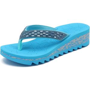 ONCAI Women's Wedge Flip Flops with RhinestoneRecovery Dressy Walking Sandals for Women with Comfortable Arch Support Cushion Yoga Mat Summer Rubber Soles(US Size 5-11) (Blue)