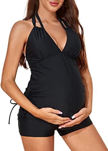 Summer Mae Maternity Two-Piece Halter Swimsuit Tankini V-Neck Side Tie Bathing Suit Pregnancy High Waist Swimwear, L