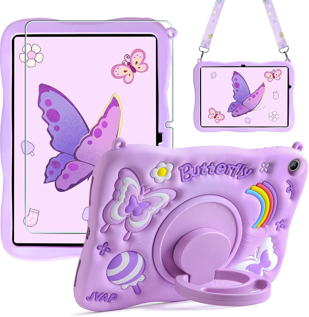 for Samsung Galaxy Tab A9 Plus Case Kids Girls Galaxy Tab Case with Screen Protector Kickstand Shoulder Strap Butterfly Shockproof Cover for Samsung A9 Plus Tablet Cover 11 inch 2023 (Purple)