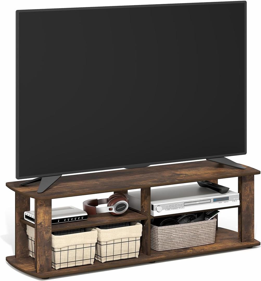 Furinno Nelly TV Stand, 3-Tier Entertainment Center with Open Shelves Storage, TV Console for TV up to 50 Inch, Soft Edges, for Living Room, Bedroom, Amber Pine