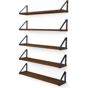 Wallniture Ponza Floating Shelves for Wall, 24" Floating Bookshelf, Wood Wall Shelves for Bedroom Decor, Walnut, Set of 5, 24"x4.5"