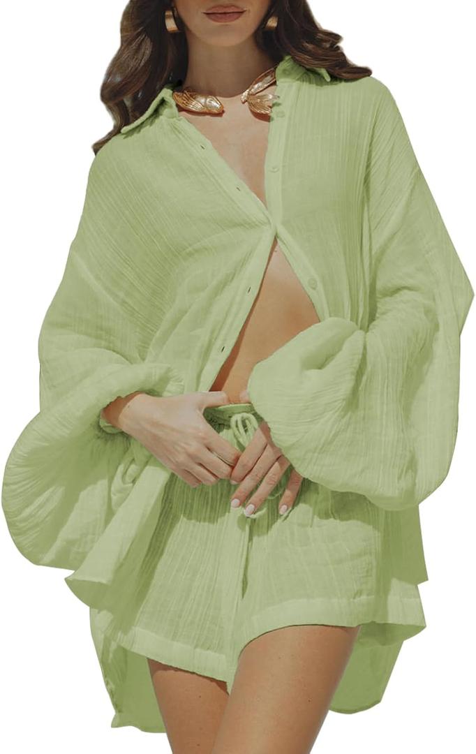 Fixmatti Women 2 Piece Outfits Summer Shorts Sets Lantern Sleeve Button Down Shirt and Shorts Sweatsuit (Light Green)