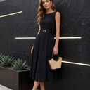 ZESICA Women Summer Sleeveless Midi Dresses 2026 Elegant Boat Neck A Line Tie Waist Spring Cocktail Party Dress (Black, L)