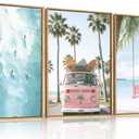 DRACIT Large Summer Beach Surfing Scene Framed Canvas Wall Art Set,Coastal Pink Van and Surfboards Wall Decor,Trendy Beach Swing Palm Trees Artwork for Living Room,Bedroom-16 x24 x3