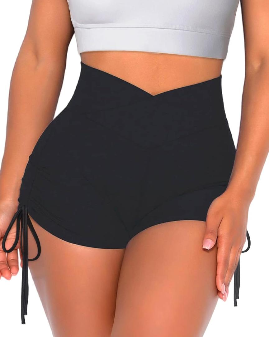 Danysu Cross Waist Booty Shorts for Women Scrunch Butt Lifting Workout Dance Bottom Crossover TIK Tok Legging Shorts (Large, Sanding Shorts Black)