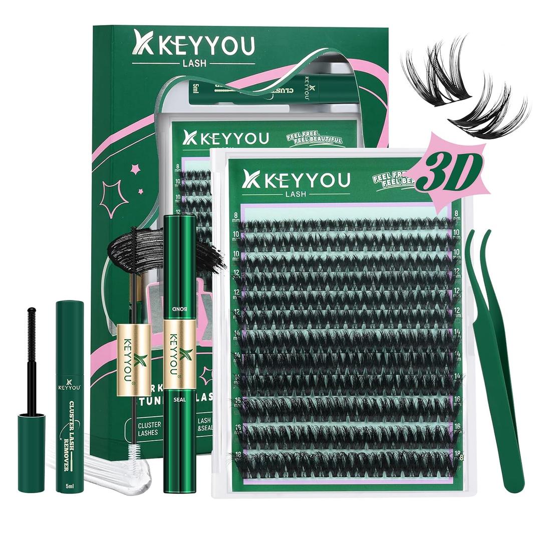 KEYYOU Flaunt Lash Clusters Kit 3D Spider DIY Lashes Extension Kit Thick Eyelash Clusters 144pcs Individual Lashes Fluffy Wispy Volume Lashes with Waterproof Lash Bond and Seal & Remover (F01)