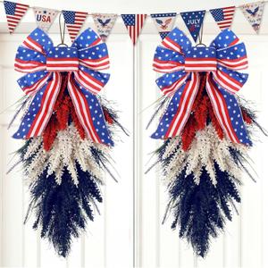 Dingion 2 Pack 20 Inch Patriotic Wreath for Front Door 4th of July Red White and Blue Wreath with American Flag Bow Memorial Day Teardrop Swag Decor for Porch Wall Independence Veterans Day