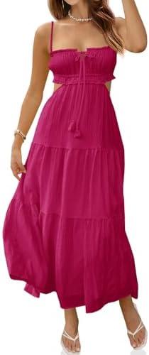 Fisoew Women's Spaghetti Strap Maxi Dress Summer Sleeveless Side Cut Out Dress Casual Boho Backless Flowy Long Dresses (Rose Red, Small)