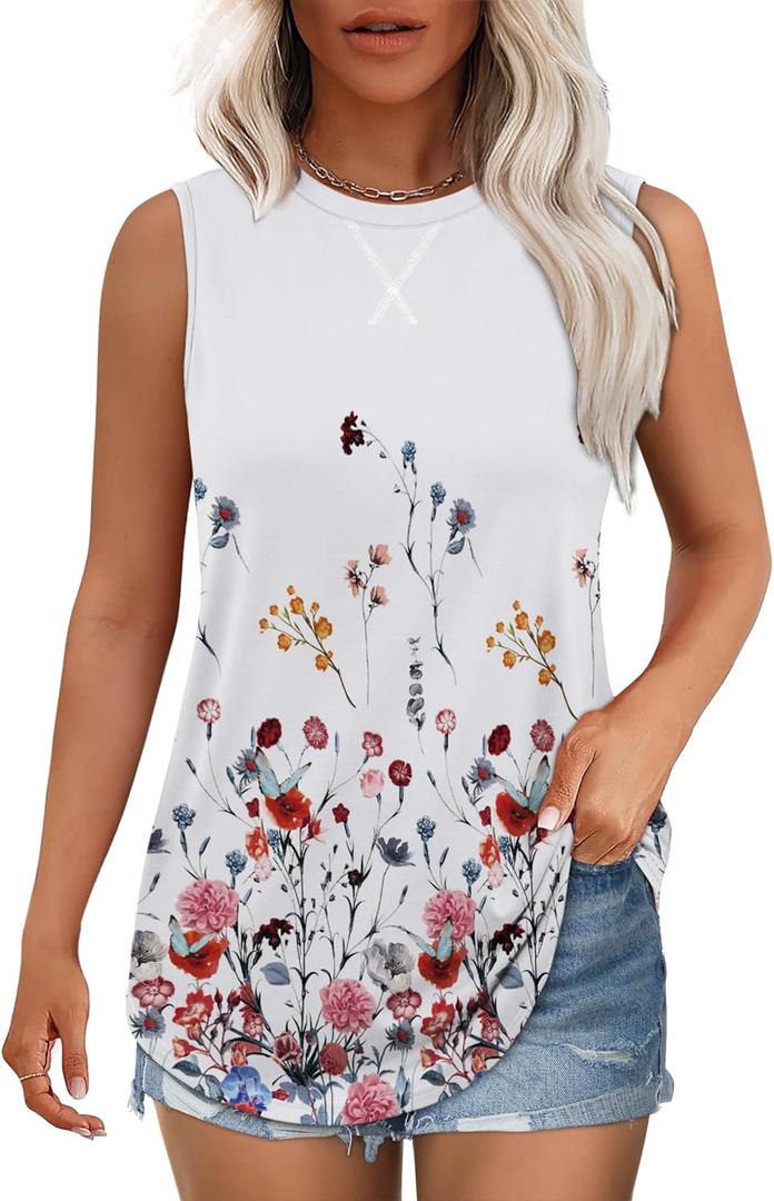 WEESO Womens Tank Tops Basic Casual Summer Trendy Crewneck Sleeveless Shirts Tops (S, Floral Multi)