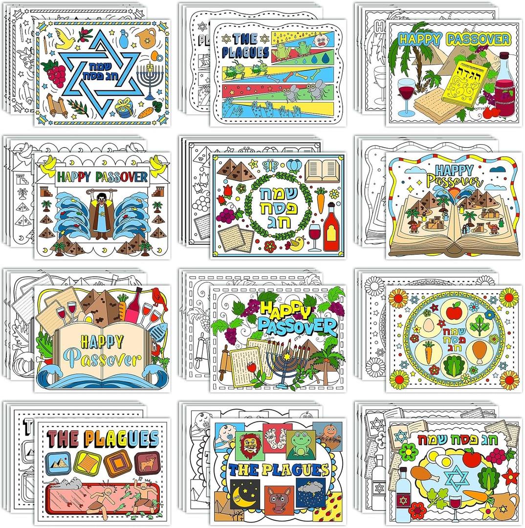 Mooliwe 48 Pcs Passover Coloring Placemats Disposable Coloring Table Mats Kids DIY Pesach Table Decor for Jewish Holiday Seder Dinner Party Supplies Decoration