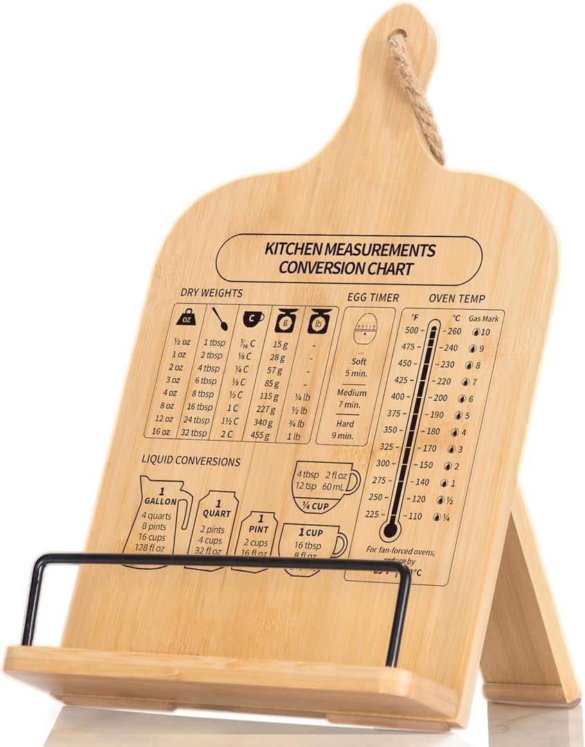 Bamboo Cookbook Stand, Sturdy Cook Book Holder, Recipe Book Holder with Measurement Conversion Chart, Cookbook Stand for Kitchen Counters, Essential Accessories for Holding Cookbooks