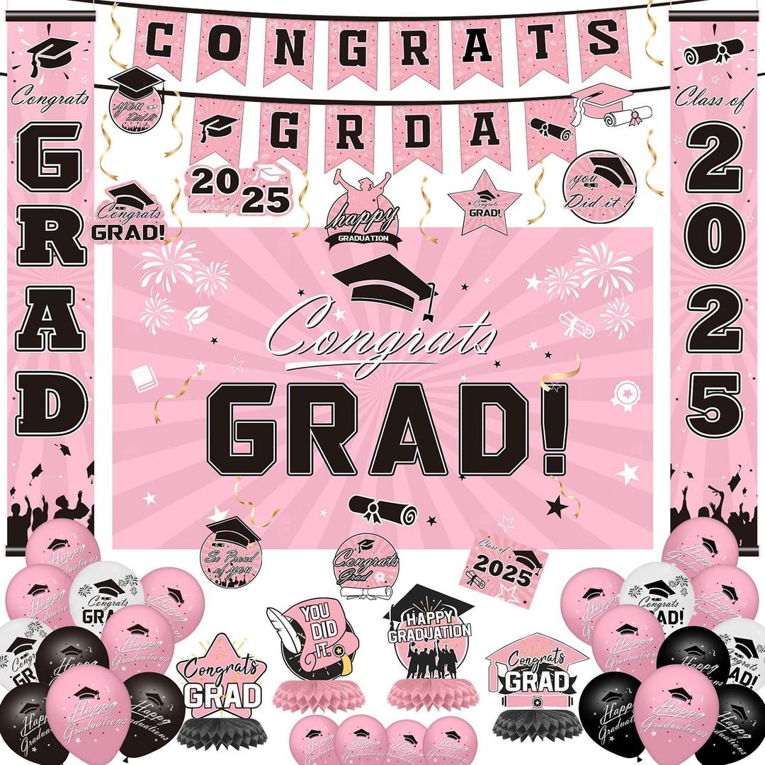 NUTTYBASH Graduation Decorations Class of 2025, Black Pink Graduation Party Decorations Set Includes Congrats Grad Backdrop Banner, 2025 Foil Balloons and Latex Balloons, Graduation Party Supplies