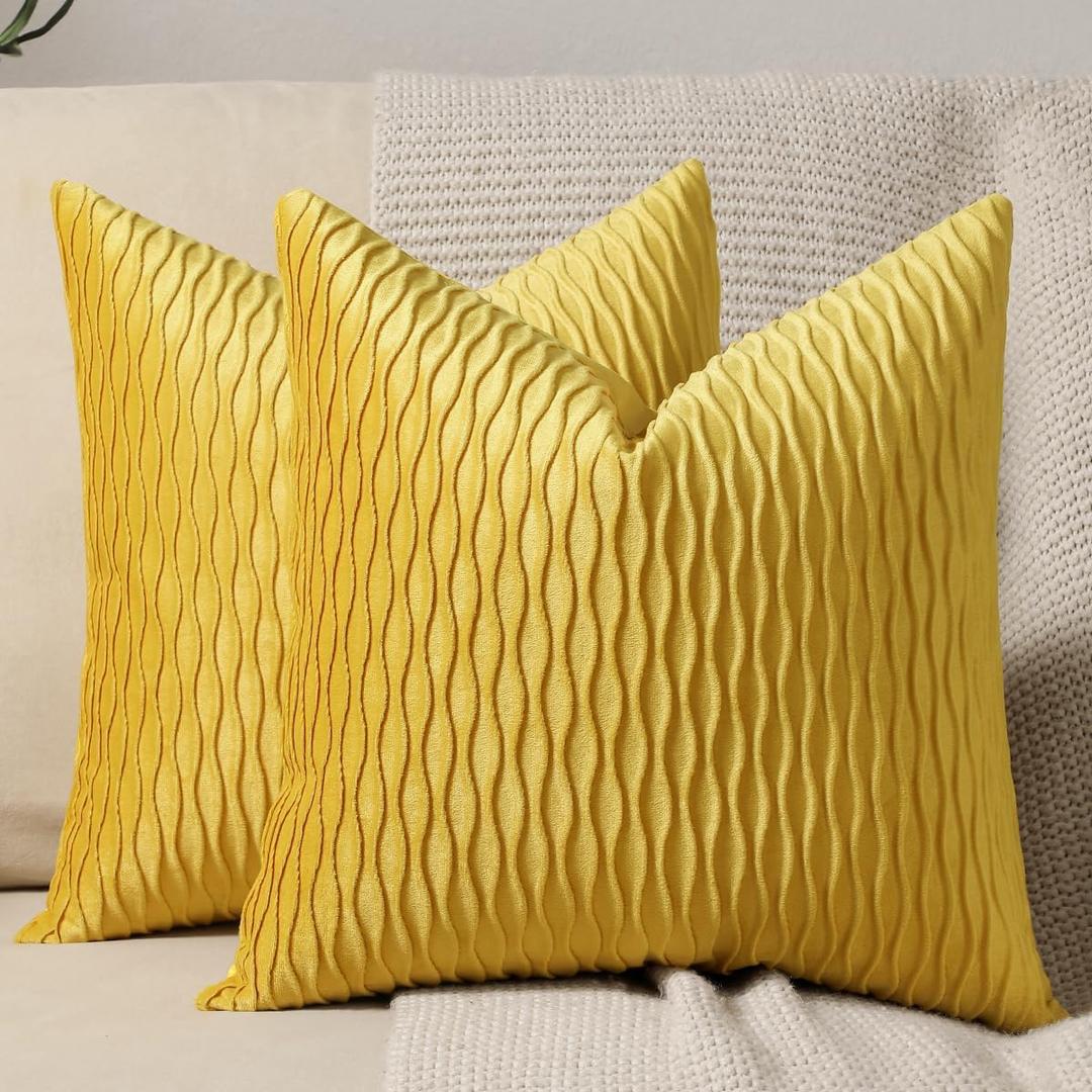 DEZENE Mustard Yellow Couch Pillow Covers: 2 Pack 24x24 Inch Original Striped Velvet Square Throw Pillow Cases for Farmhouse Home Decor