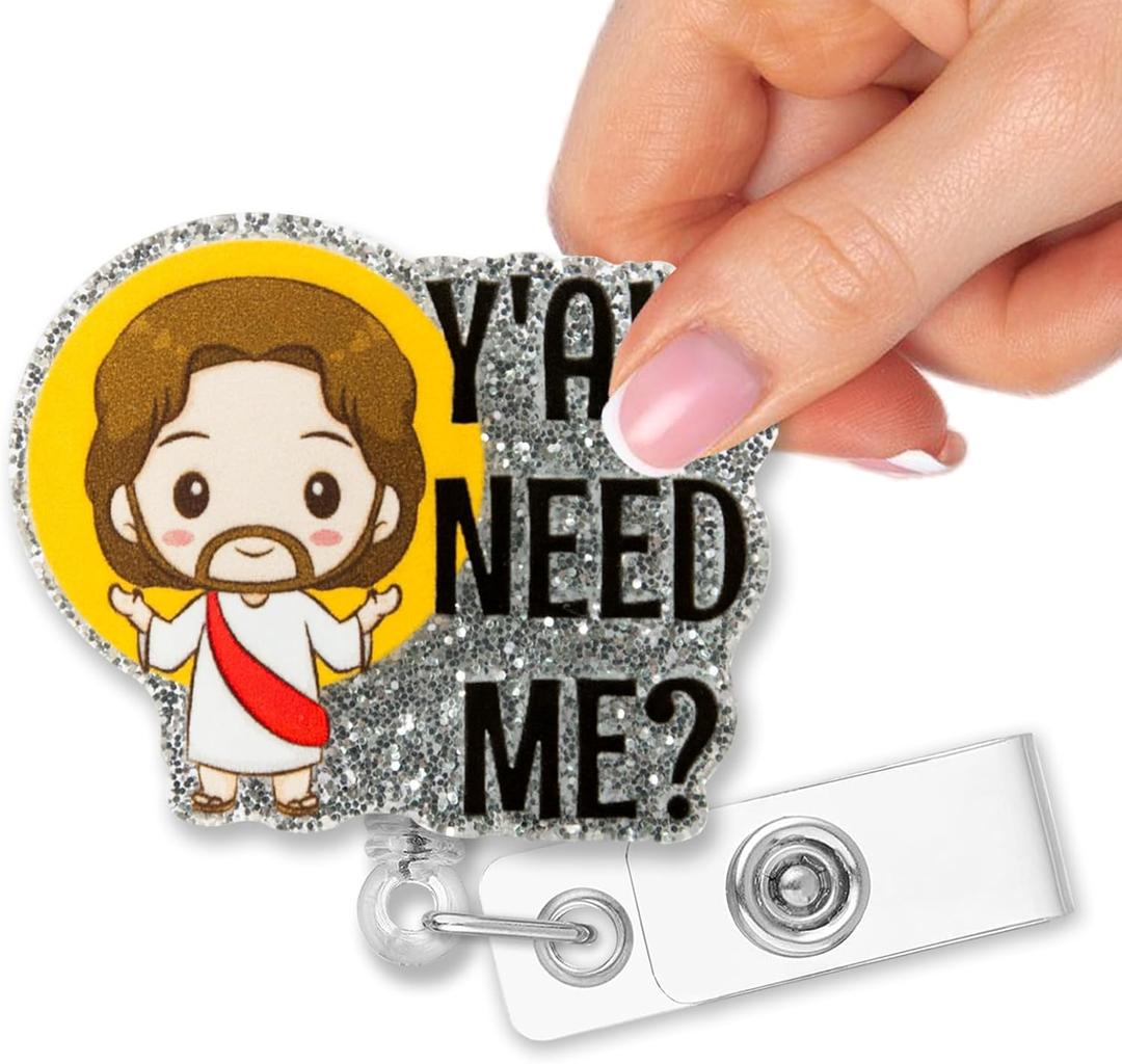 4 x Retractable Y'all Need Me Badge Reel with Alligator Clip, Funny Glitter Badge Holder Gifts for Doctors Nurses Night Shift RN LPN ER Social Worker Medical Worker Teacher Christian, Nurse Gifts